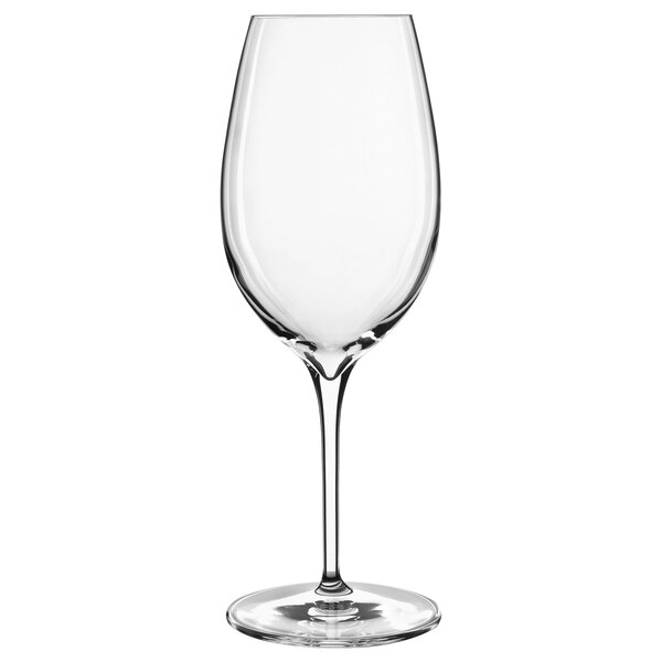 A clear Luigi Bormioli Vinoteque wine glass with a long stem.