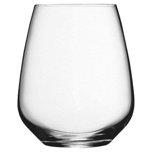 A Luigi Bormioli stemless wine glass with a white background.