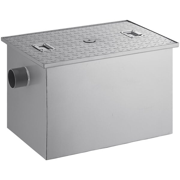 A stainless steel Regency grease trap box with a pipe.