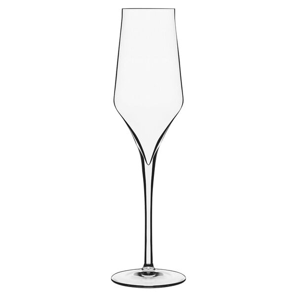 A Luigi Bormioli Supremo champagne flute with a long stem and clear glass.