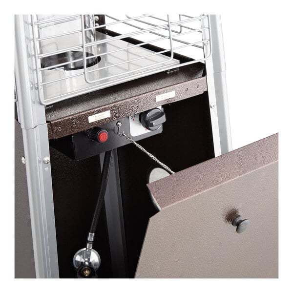 A bronze portable propane outdoor patio heater with a glass tube and control panel.