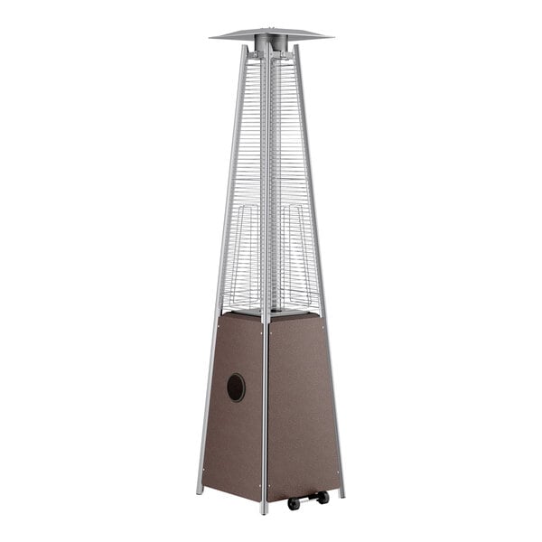 A bronze portable propane outdoor patio heater with a glass tube and a pyramid-shaped design.