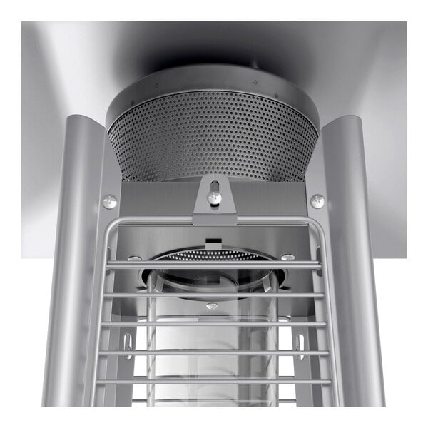 A bronze portable propane outdoor patio heater with a glass tube and protective metal grill.