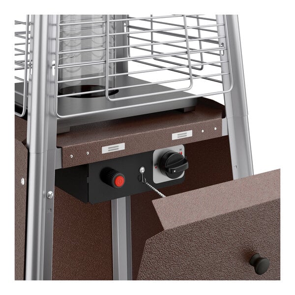 A bronze portable propane outdoor patio heater with a glass tube and control panel.