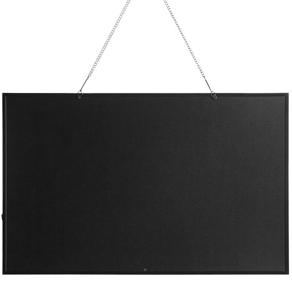 A black rectangular LED board hanging from a black chain with a black border.