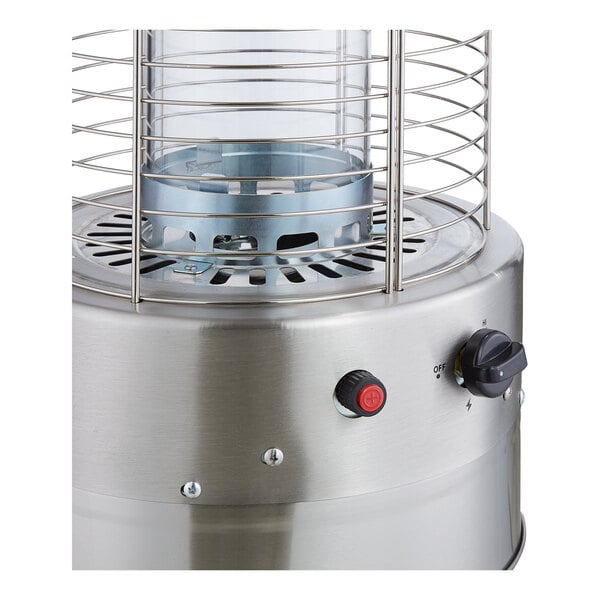A stainless steel round portable propane outdoor patio heater with a glass tube and control knobs.