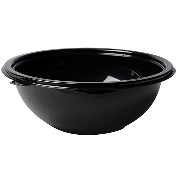 A black Fineline plastic bowl with a lid.