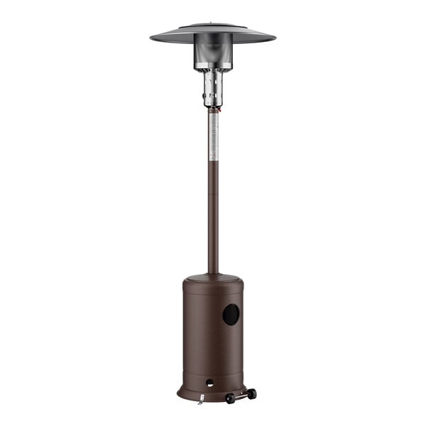 A bronze portable propane outdoor patio heater with a round base and wide top reflector.