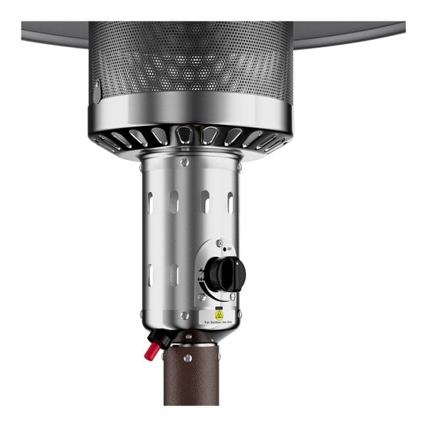A bronze portable propane outdoor patio heater with a control knob and metal mesh top.