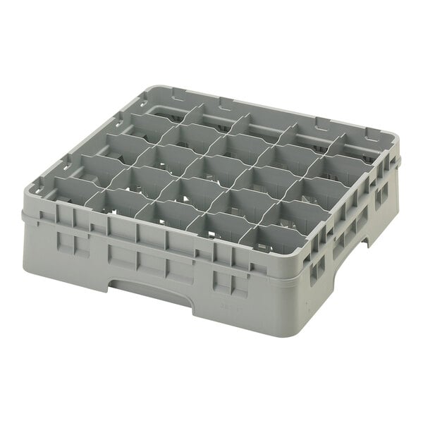 A grey plastic Cambro glass rack with 25 compartments.