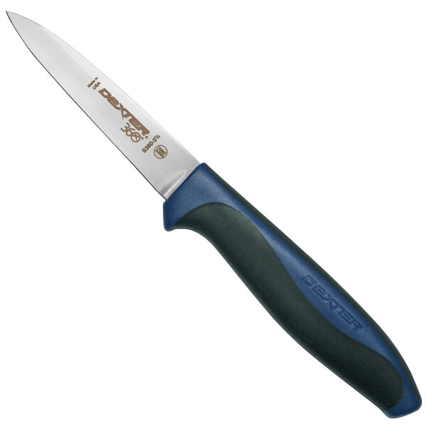 A Dexter-Russell paring knife with a blue handle.