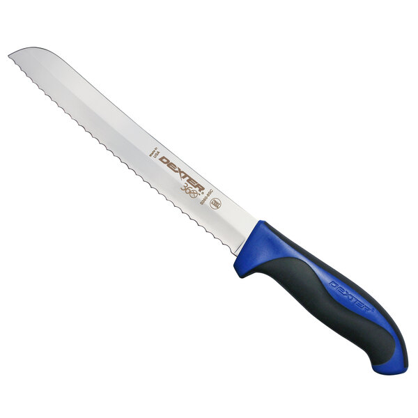 A Dexter-Russell bread knife with a blue handle.