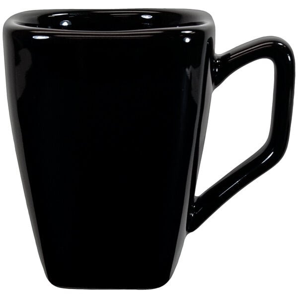 An International Tableware black porcelain tall cup with a handle.