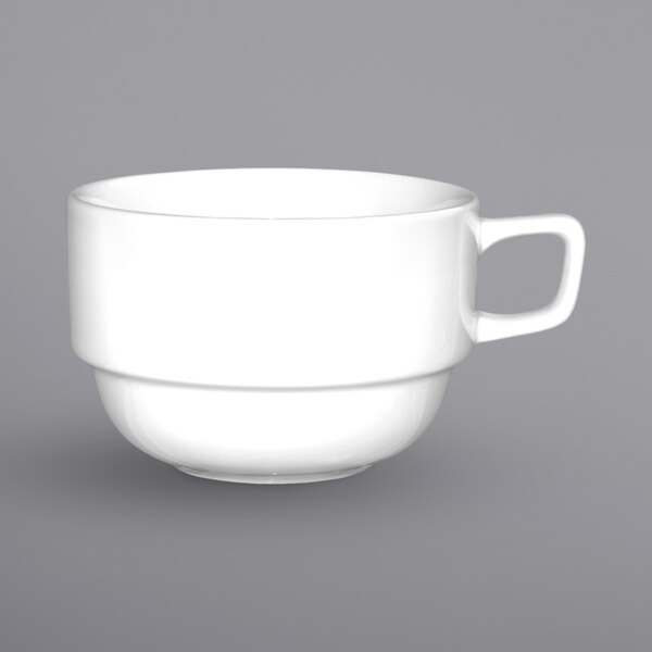 A white International Tableware Bristol porcelain espresso cup with a handle.