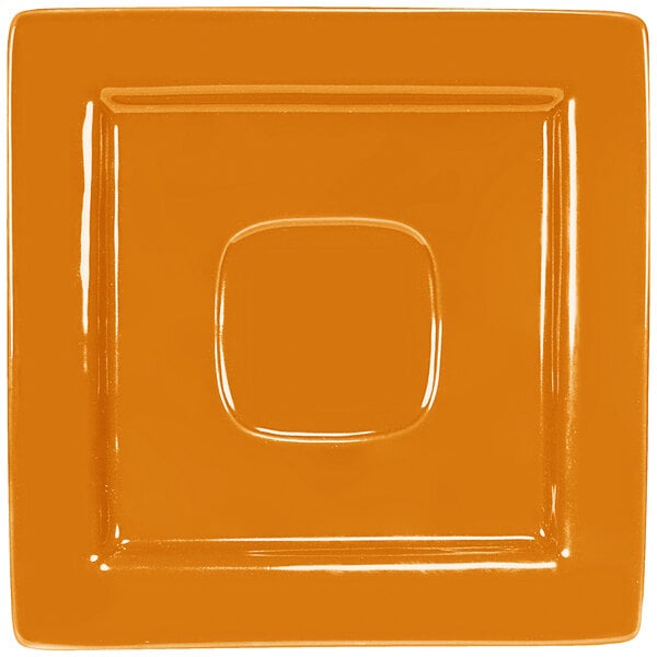A square butternut porcelain saucer with a square center.