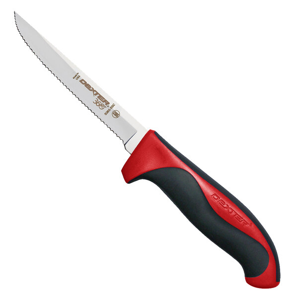 A Dexter-Russell scalloped utility knife with a red handle.