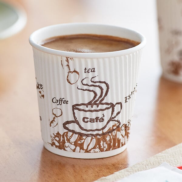 A Choice paper hot cup with a bean print of a coffee cup on it.