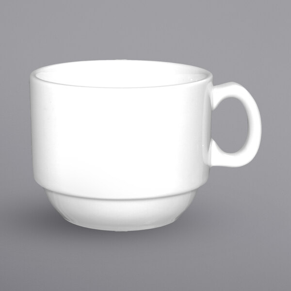A white porcelain espresso cup with a handle.