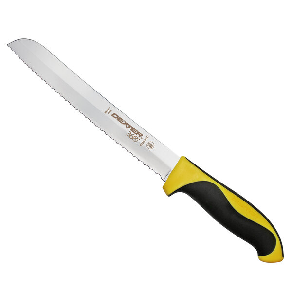 A Dexter-Russell bread knife with a yellow handle and black blade.