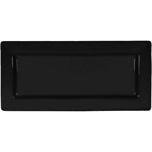 A black rectangular porcelain platter with a white border.