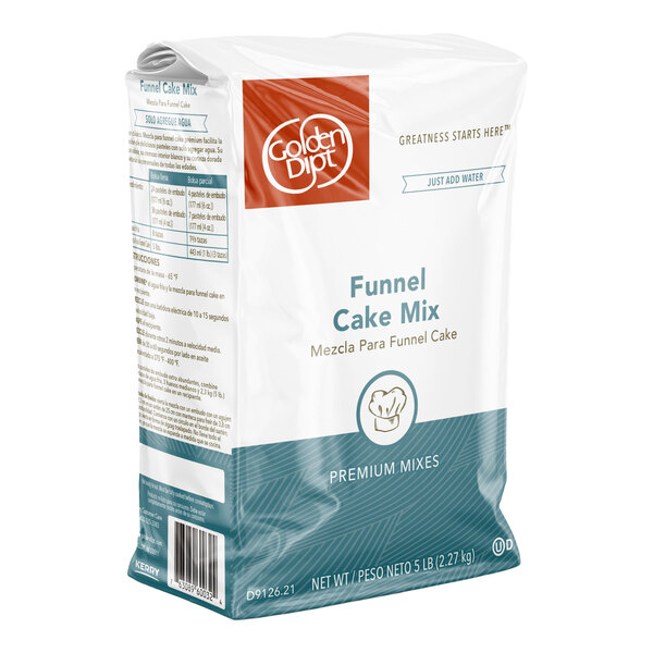 A 5-pound bag of Golden Dipt Funnel Cake Mix.
