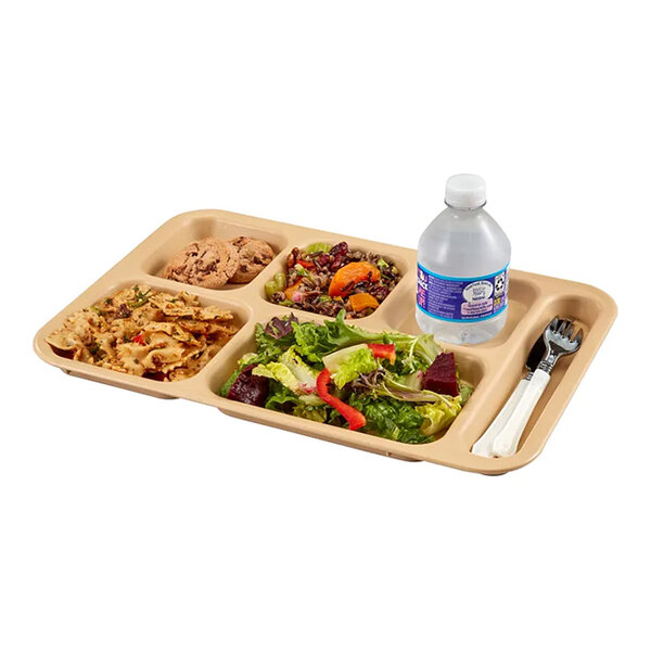 Cambro 10146CW133 Camwear® 10" x 14 1/2" Right Handed Heavy-Duty Polycarbonate NSF Beige 6 Compartment Serving Tray - 24/Case