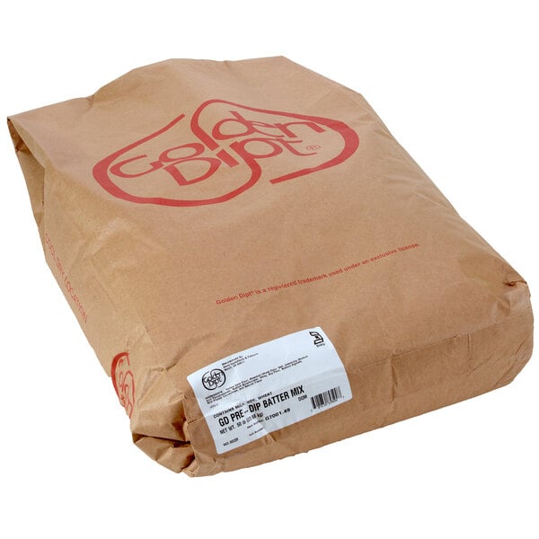 A brown Golden Dipt bag with red text.