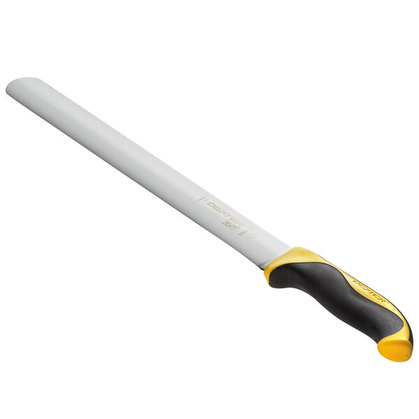 A Dexter-Russell meat slicing knife with a yellow handle.