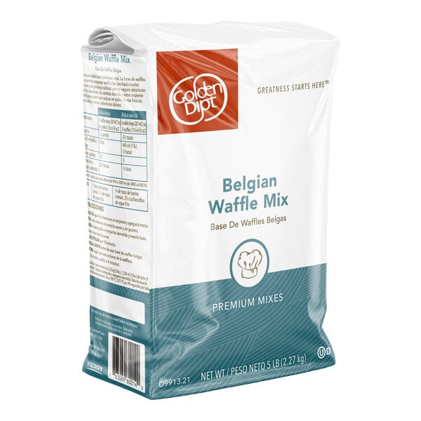 A 5-pound bag of Golden Dipt Belgian Waffle Mix.