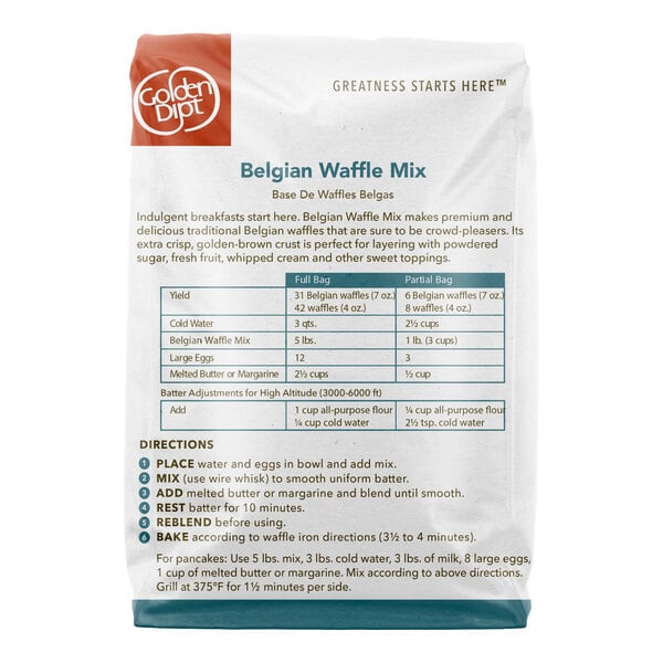 A 5 lb. bag of Golden Dipt Belgian Waffle Mix.