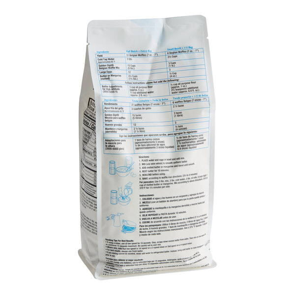 A 5 lb. bag of Golden Dipt Belgian Waffle Base Mix with preparation instructions and ingredient information on the back.