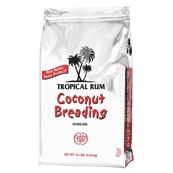 A white bag of Golden Dipt Tropical Rum Coconut Breader with a white label.