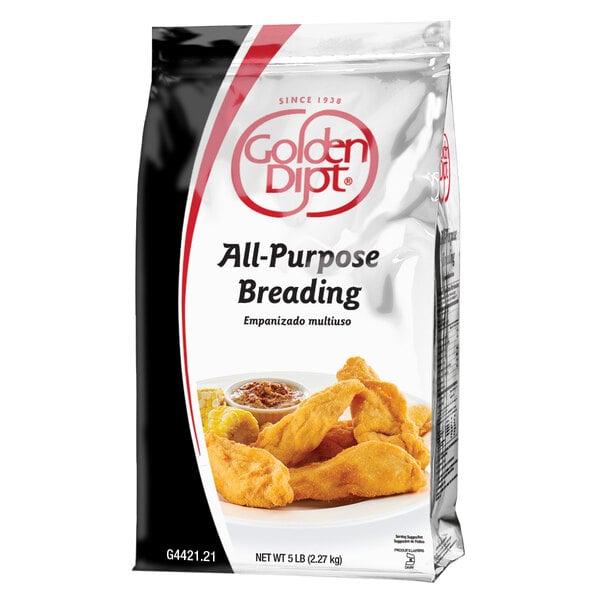A white bag of Golden Dipt all-purpose breading with a black and white logo.