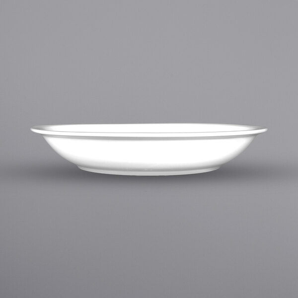 A white International Tableware Bristol soup bowl with a rolled edge.