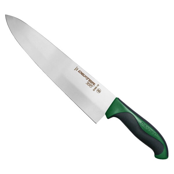 A Dexter-Russell chef knife with a green handle.