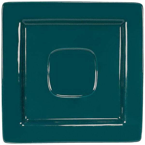 An International Tableware Elite Harvest square blueberry saucer with a square center and wide rim in teal.