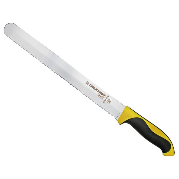 A Dexter-Russell knife with a yellow handle and black blade.