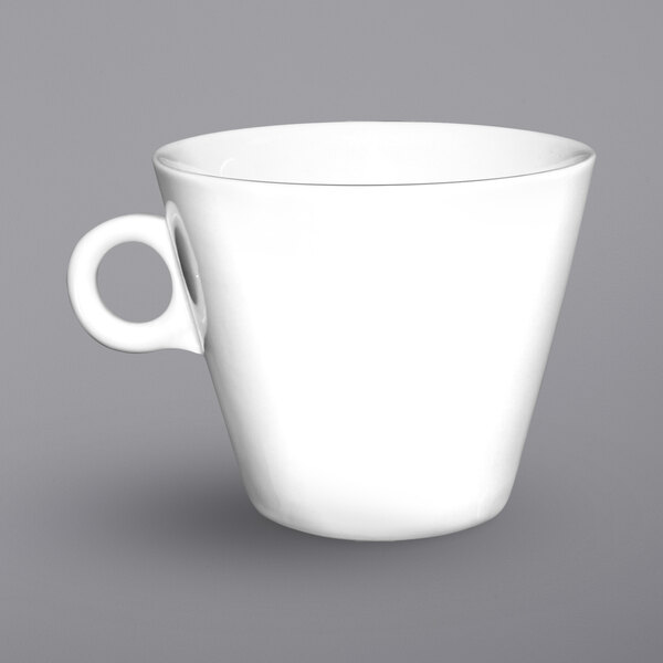 A white International Tableware tall cup with a handle.