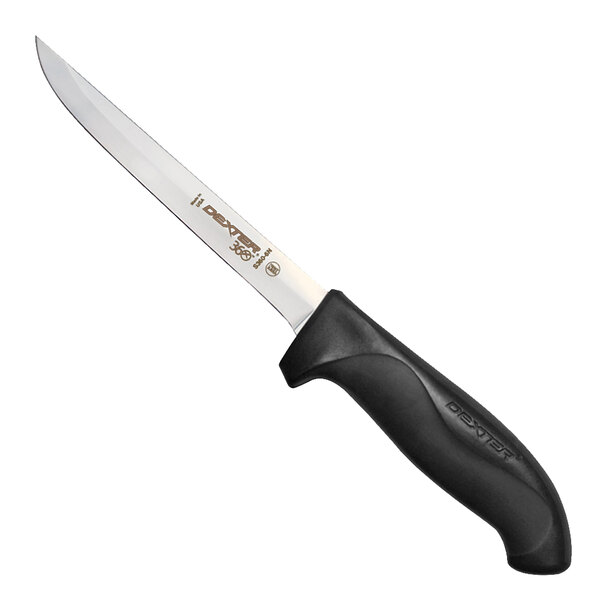A Dexter-Russell narrow boning knife with a black handle.