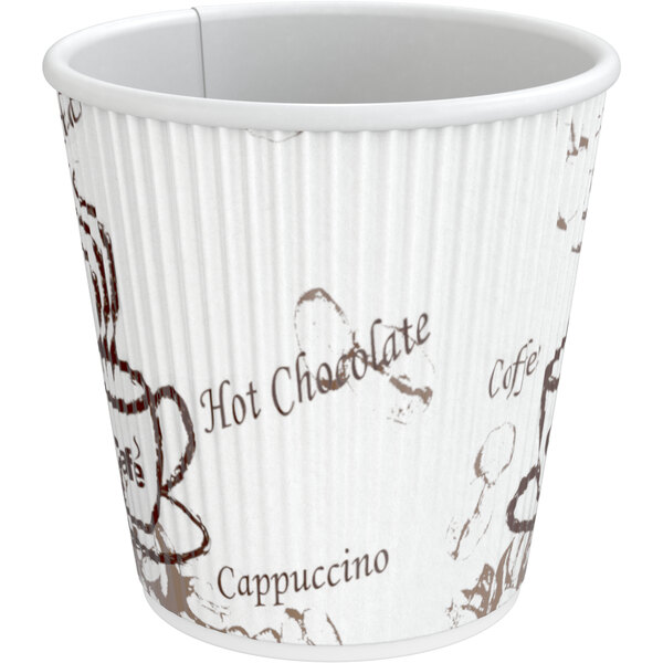 A white Choice paper hot cup with brown bean print.