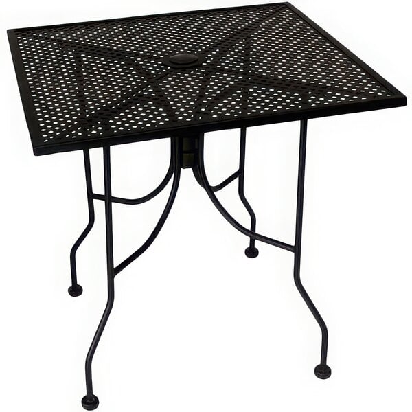 A black American Tables & Seating outdoor table with a square top and umbrella hole.