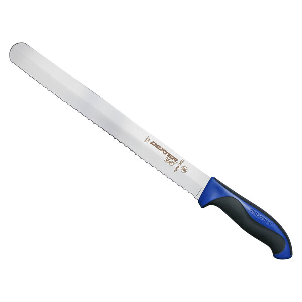 A Dexter-Russell knife with a blue handle and black blade.