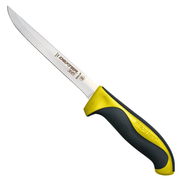 A Dexter-Russell narrow boning knife with a yellow handle.