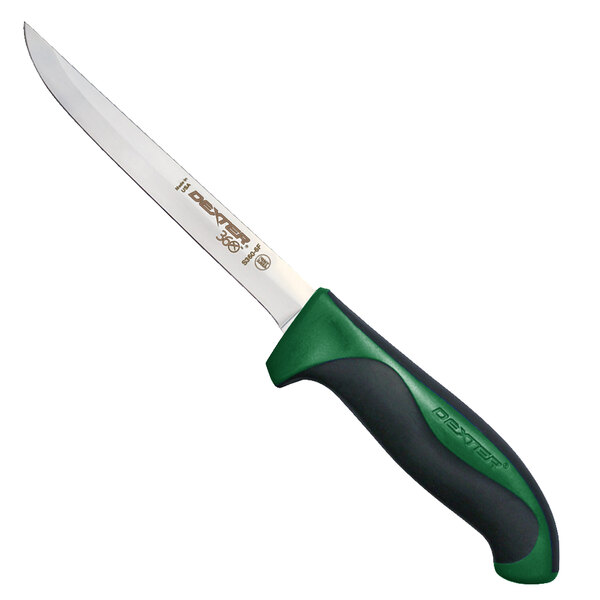 A Dexter-Russell narrow boning knife with a green handle.