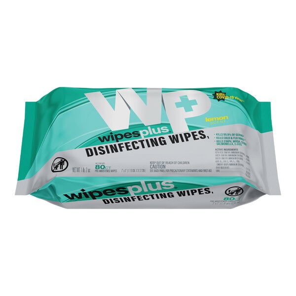 A soft pack of WipesPlus disinfecting wipes with a teal and white design, labeled as lemon scented and containing 80 wipes.