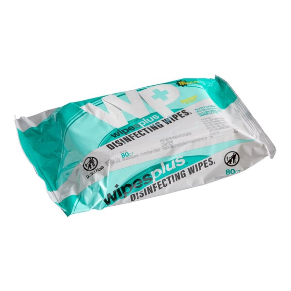 WipesPlus 7" x 8" 80-Count Lemon Scent Alcohol-Free Surface Disinfecting Wipe Softpack - 12/Case