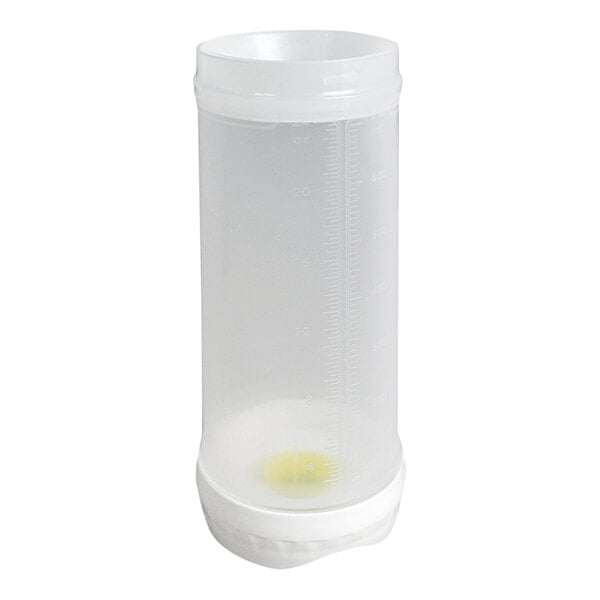 A white plastic container with a yellow liquid inside and a yellow and white portion control cap.