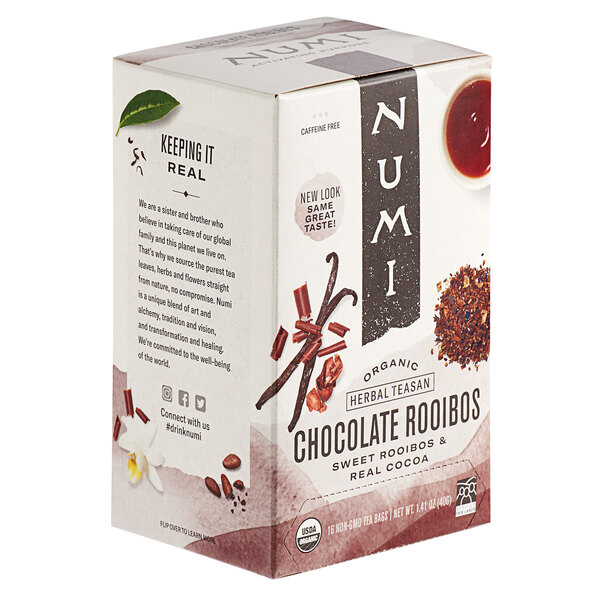 A white box of Numi Organic Chocolate Rooibos Tea Bags with text and pictures.