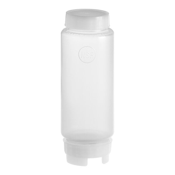 A clear plastic double wide-mouth squeeze bottle with a white cap.