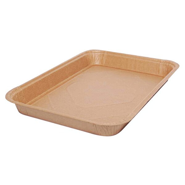 A brown Solut paper food tray on a counter.